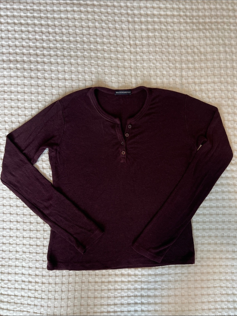 Brandy Melville Burgundy Ribbed Henley Long Sleeve Top One Size